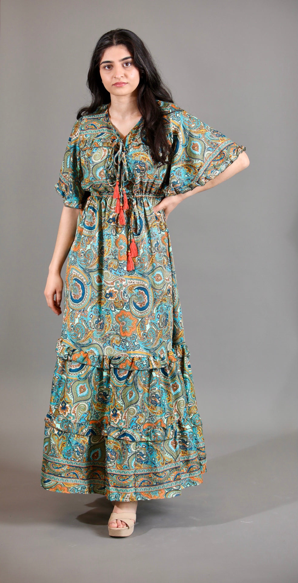Silk Saree Maxi Dress with Flutter Sleeves – Vz Collection