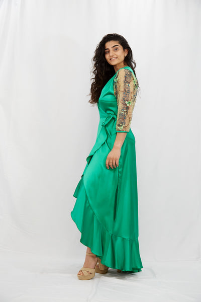Emerald Green Wrap Dress in Silk-Satin - Vz Collection