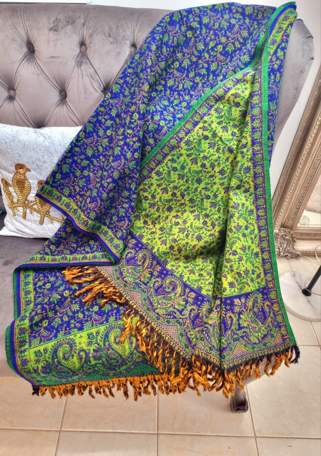 Navy Blue & Lime Green Yak's Wool Tibetan Shawl/scarf