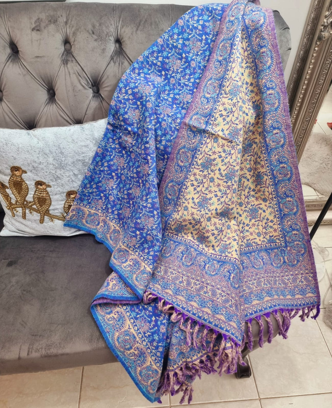 Cobalt Blue and Beige Yak's Wool Tibetan Shawl/scarf