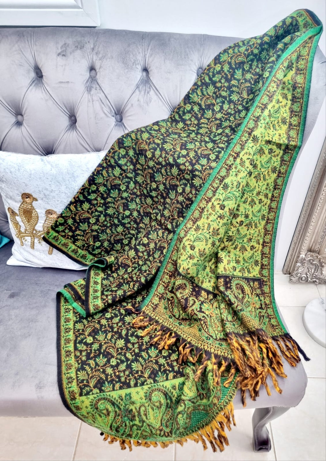 Black & lime Green Yak's Wool Tibetan Shawl/scarf