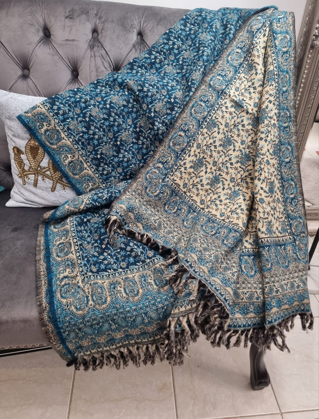 Teal and Beige Yak's Wool Tibetan Shawl/scarf