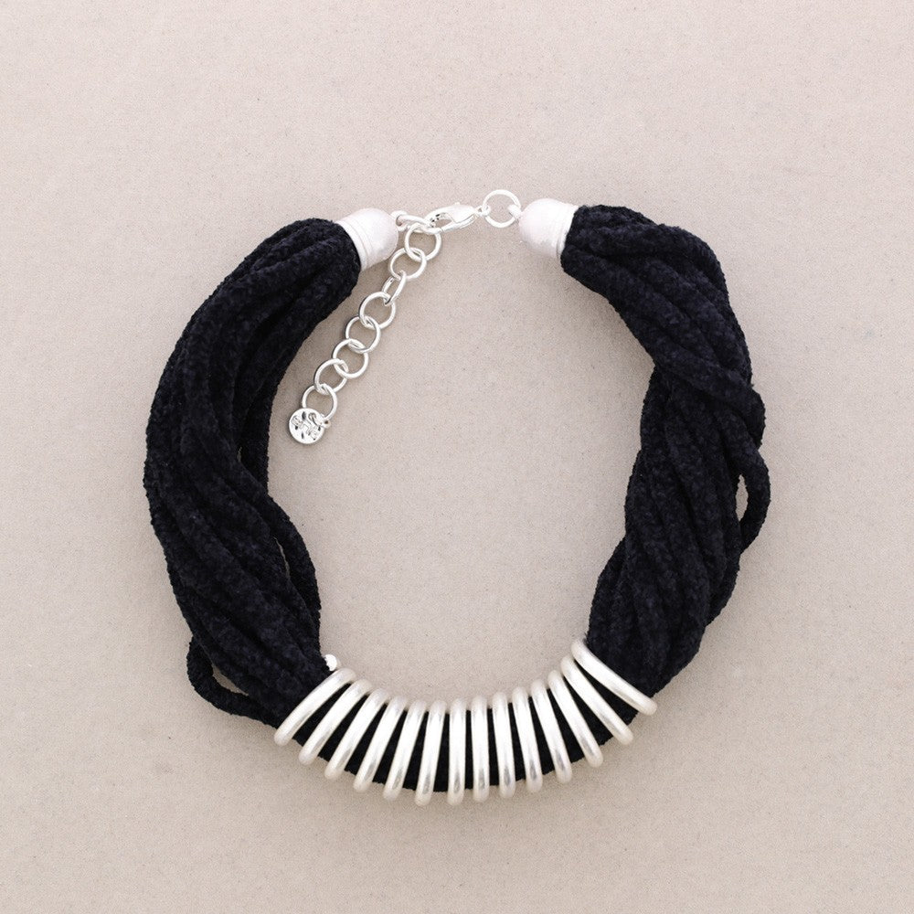 Multi String Velvet Necklace With Silver Spiral