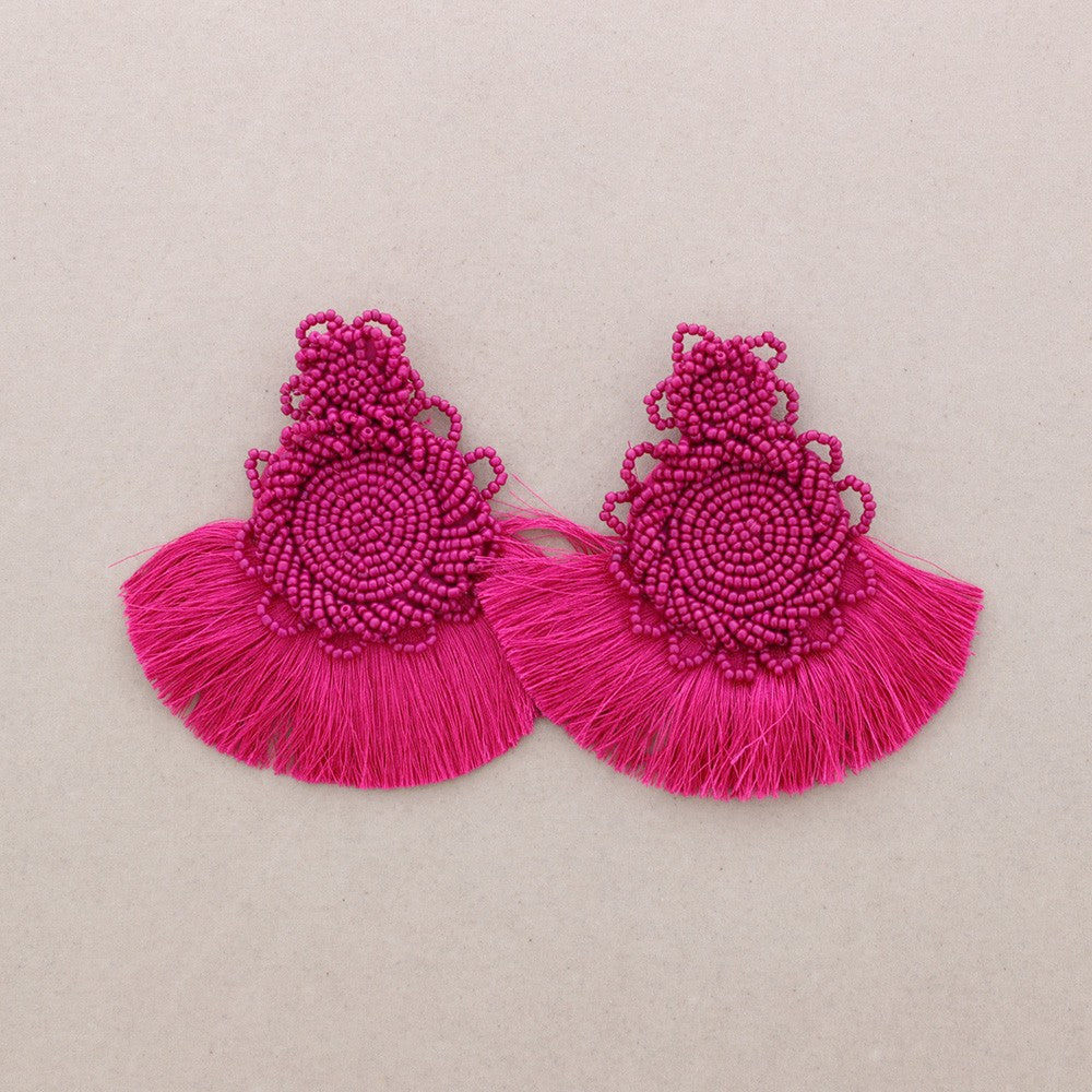 Beaded Fringe Earrings in Pink