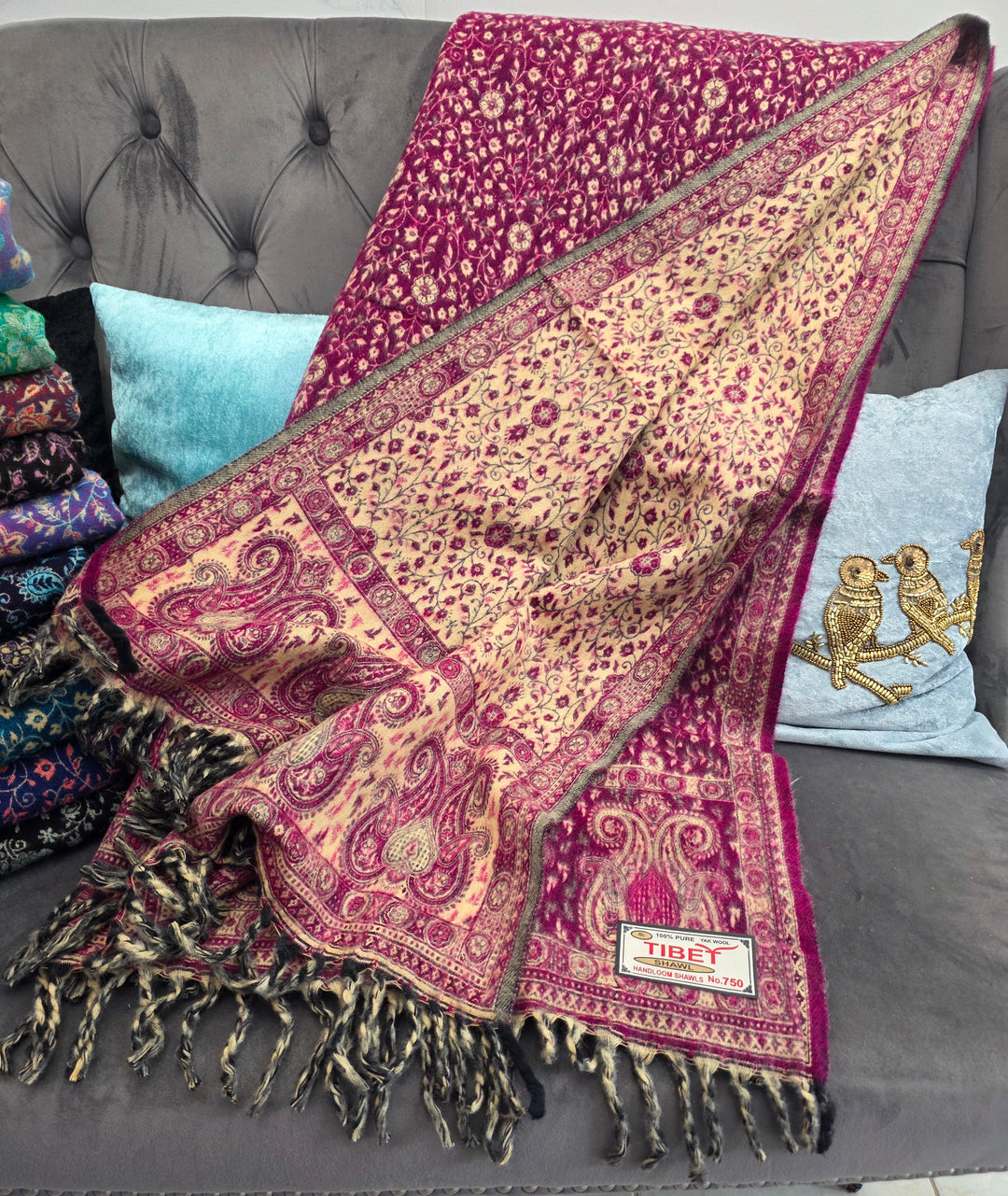 Plum Purple and Beige Yak's Wool Tibetan Shawl/scarf