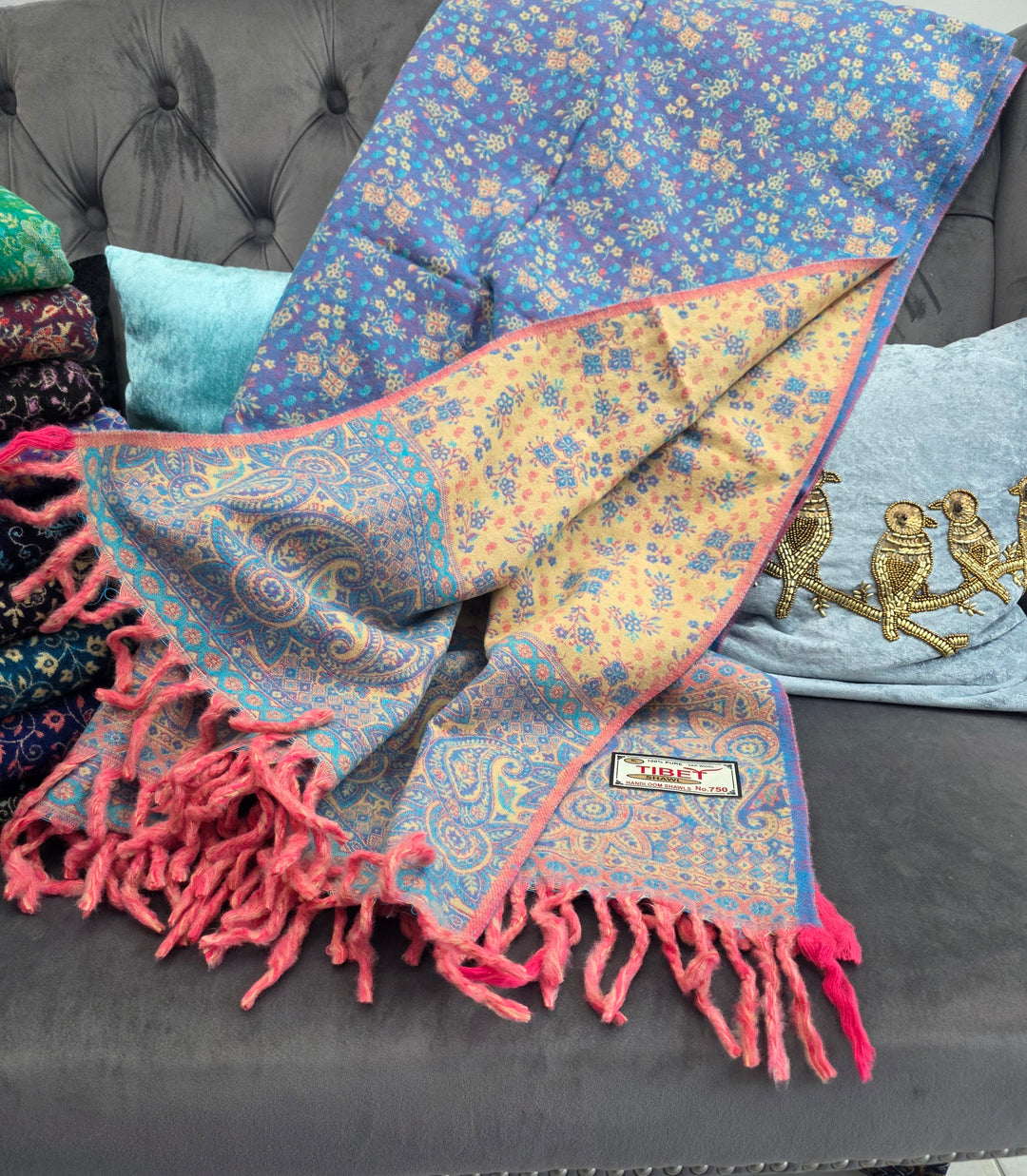 Blue/Pink Mix With Beige Yak's Wool Tibetan Shawl/scarf