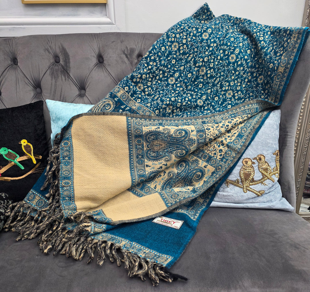 Teal and Beige Yak's Wool Tibetan Shawl/scarf