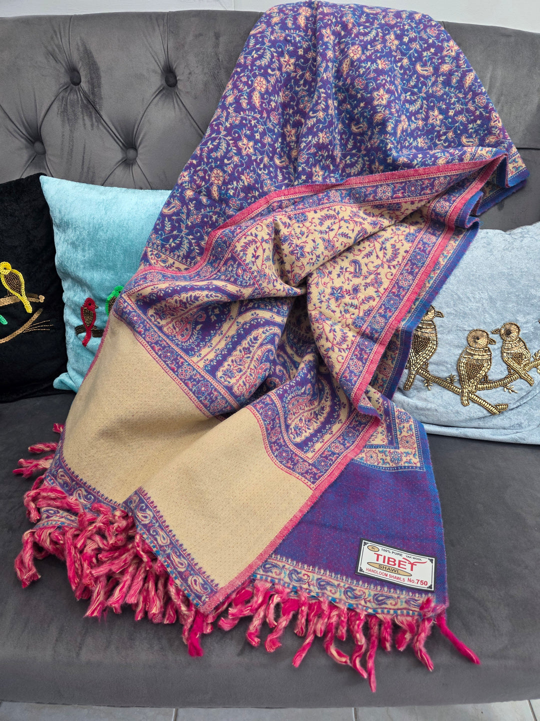 Purple and Beige Yak's Wool Tibetan Shawl/scarf