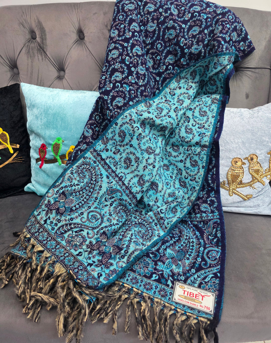 Navy Blue and Turquoise Yak's Wool Tibetan Shawl/scarf