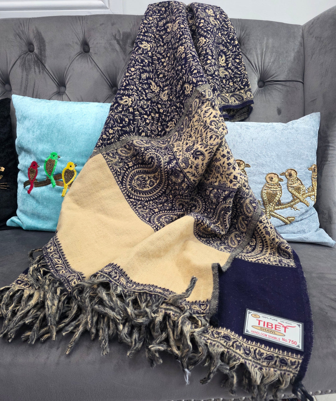 Navy Blue and Beige Yak's Wool Tibetan Shawl/scarf