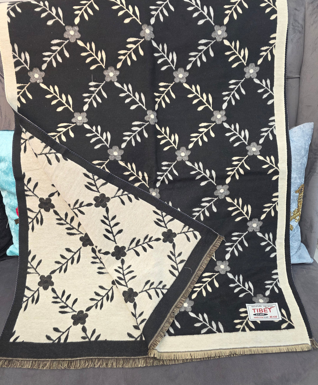 Black & Beige Reversible Floral Pattern Scarf/Stall in 100% Yak's Wool