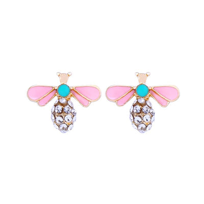 Pink and Mint Enamel Crystal Bee Earrings in Antique Gold - Vz Collection