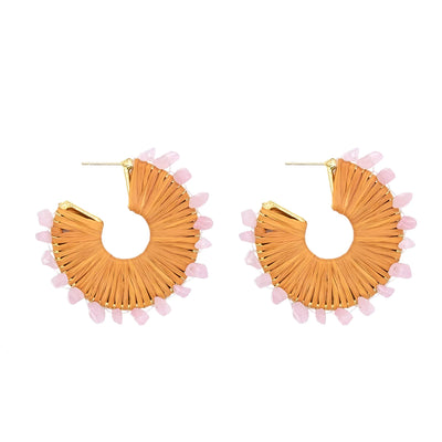 Tan Woven Hoops With Rose Quartz - Vz Collection