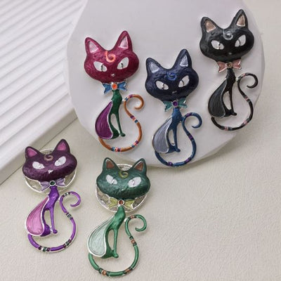 Enamelled Moody Cat Magnetic Brooch - Vz Collection