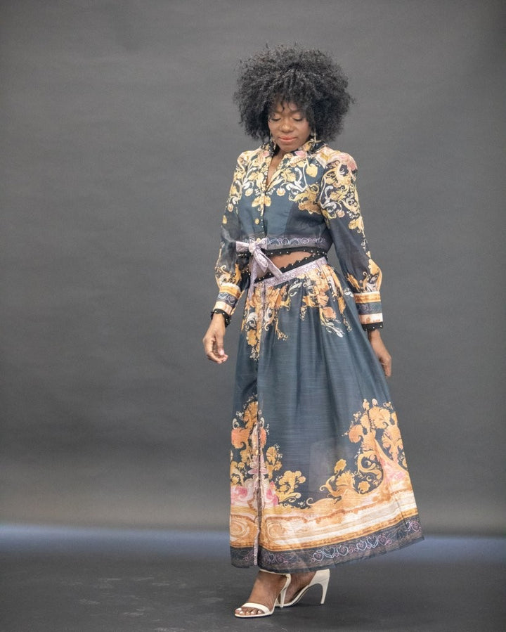 Black With Orange Digital Print Skirt & Top Set