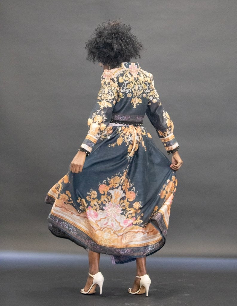 Black With Orange Digital Print Skirt & Top Set