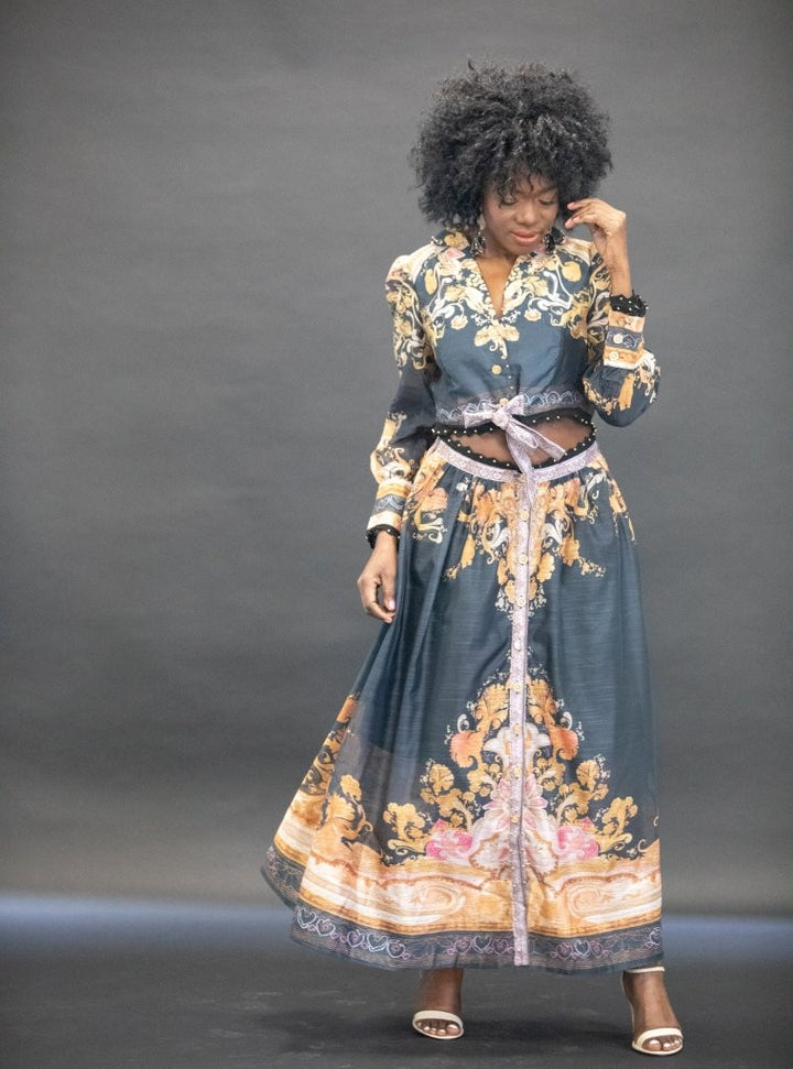 Black With Orange Digital Print Skirt & Top Set