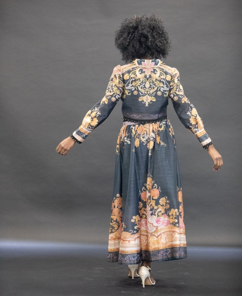 Black With Orange Digital Print Skirt & Top Set