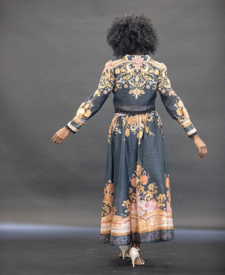 Black With Orange Digital Print Skirt & Top Set