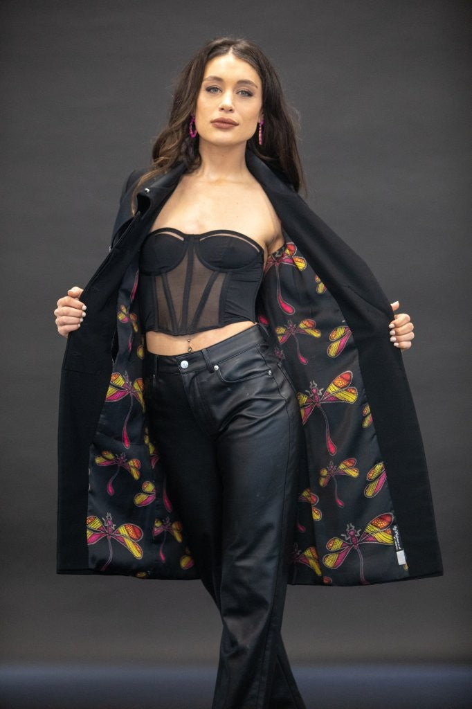 Black Dragonfly Knee Length Coat - Vz Collection