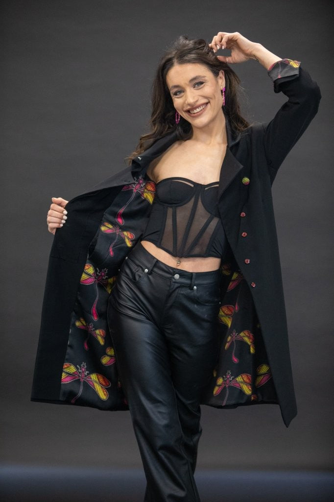 Black Dragonfly Knee Length Coat - Vz Collection