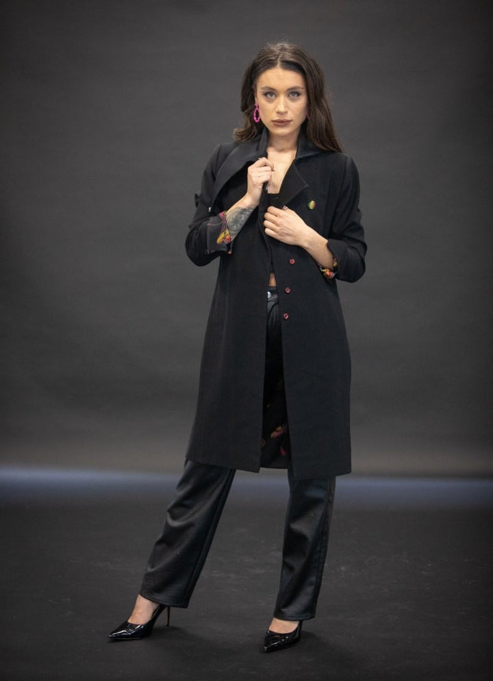 Black Dragonfly Knee Length Coat - Vz Collection