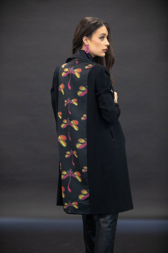 Black Dragonfly Knee Length Coat - Vz Collection