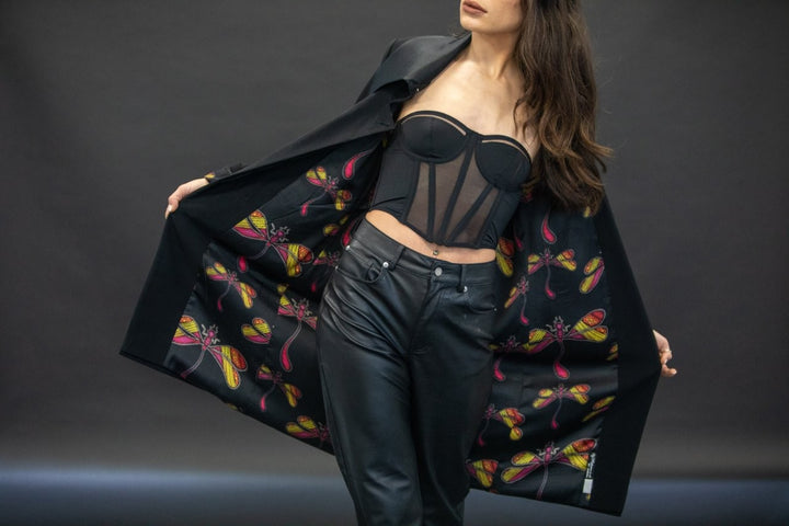 Black Dragonfly Knee Length Coat - Vz Collection
