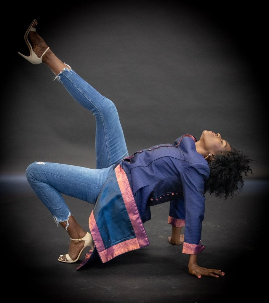 The Maharani Coat in Navy Indian Saree Silk Mother of the Bride Coat with Georgette Trousers – Elegant Wedding Outfit UK - Vz Collection