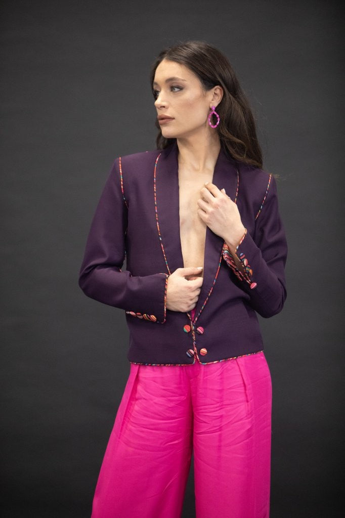Purple Jacket with multicoloured piping