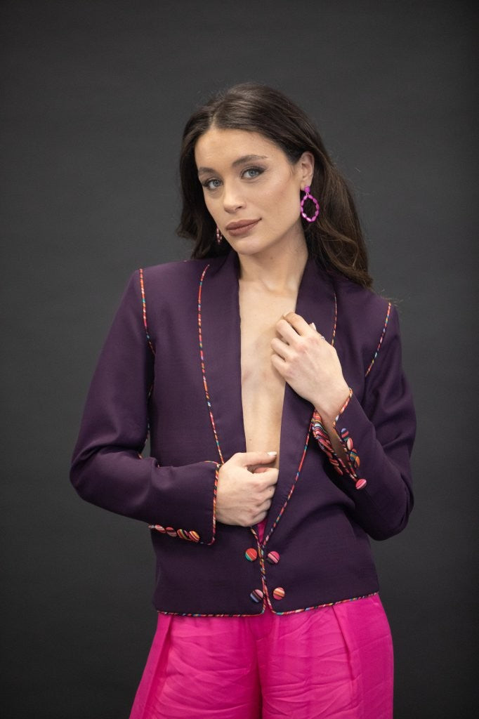Purple Jacket with multicoloured piping
