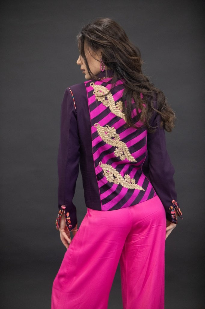 Purple Jacket with multicoloured piping