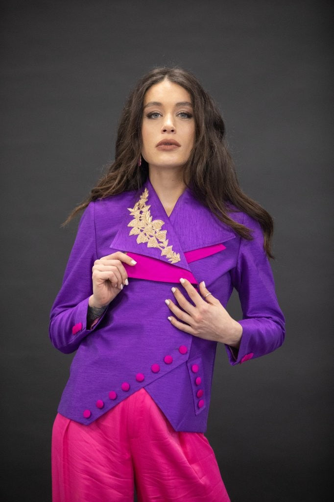 Double Breasted Raw Silk Purple Jacket