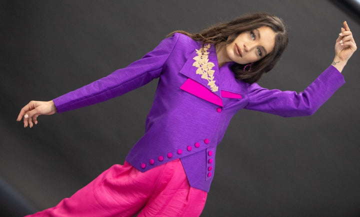 Double Breasted Raw Silk Purple Jacket