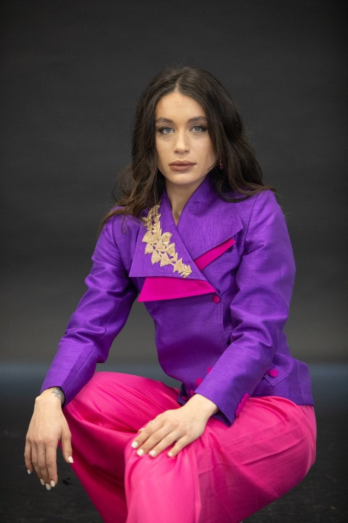 Double Breasted Raw Silk Purple Jacket