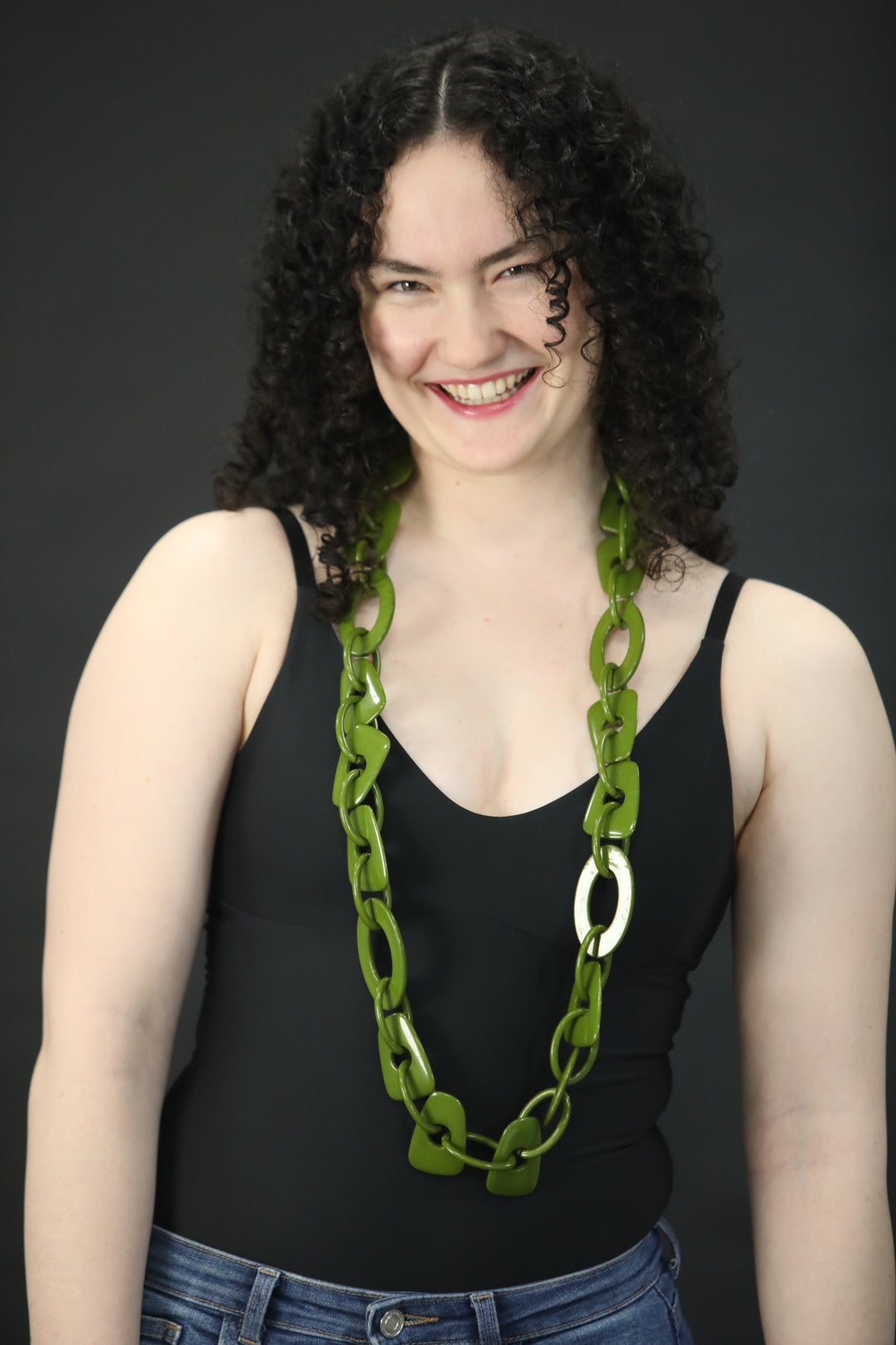 Long Asymetrical  Green Resin Bead Necklace - Vz Collection