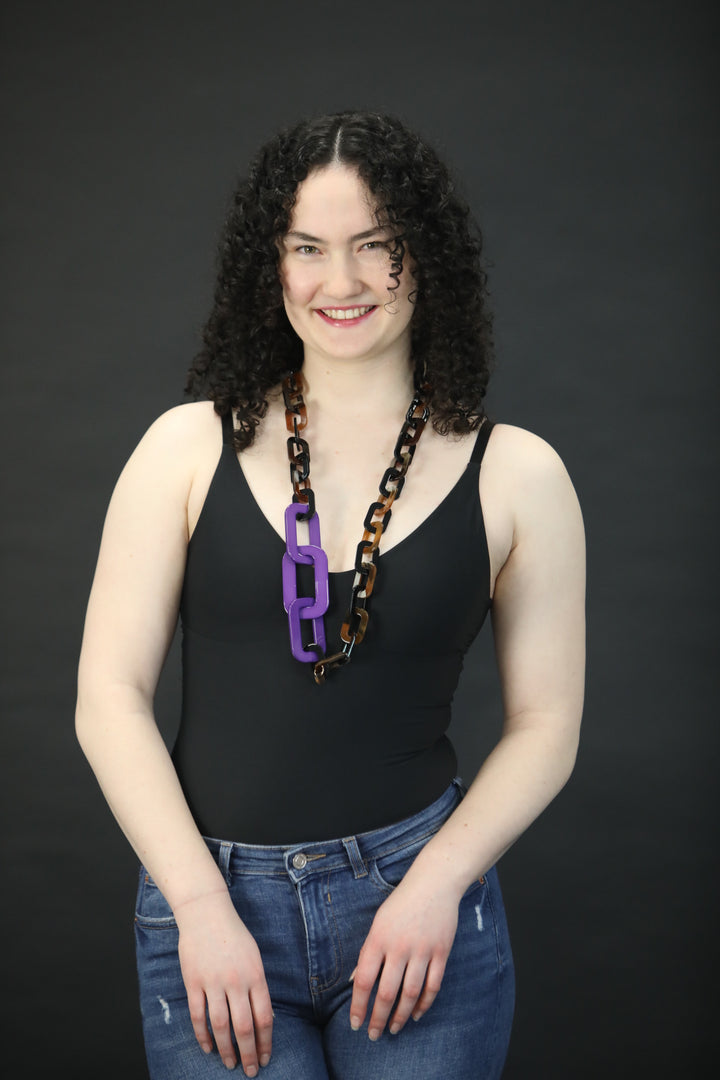 Long Bold Purple With Brown Links  Necklace - Vz Collection