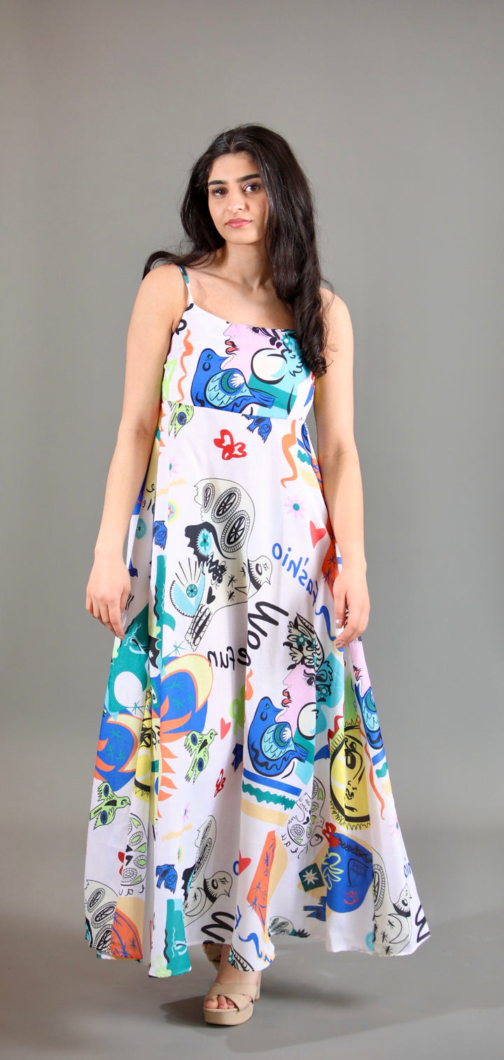 Bold Print In Blue Bird Maxi Dress