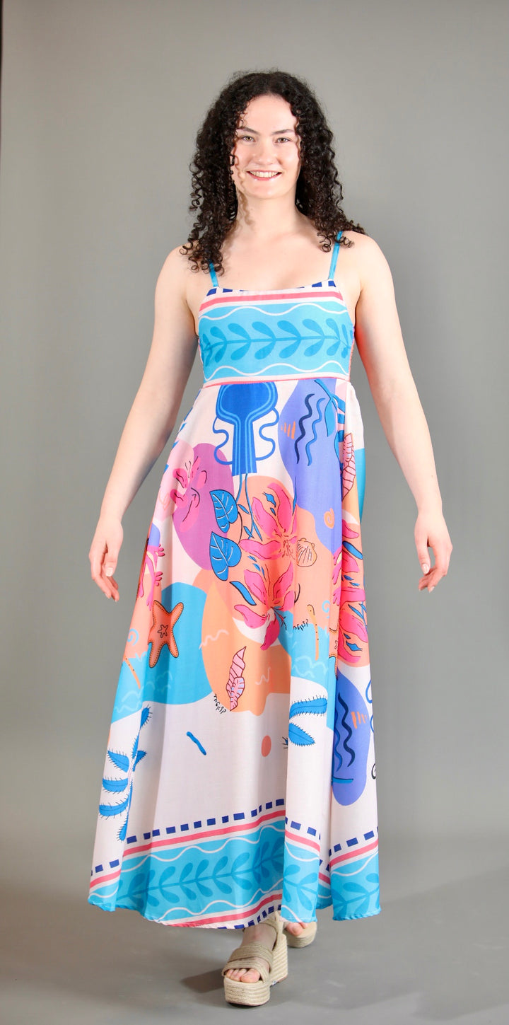 Bold Print In Aqua Blue Maxi Dress