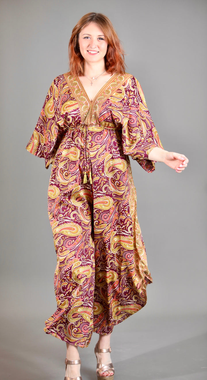 Upcycled Indian Silk Saree Jumpsuit With Kimono Sleeves