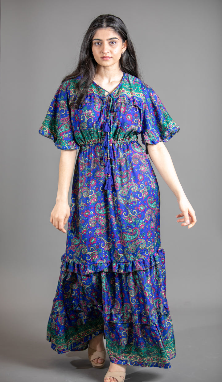 Silk Saree Maxi  Dress With Flutter Sleeves