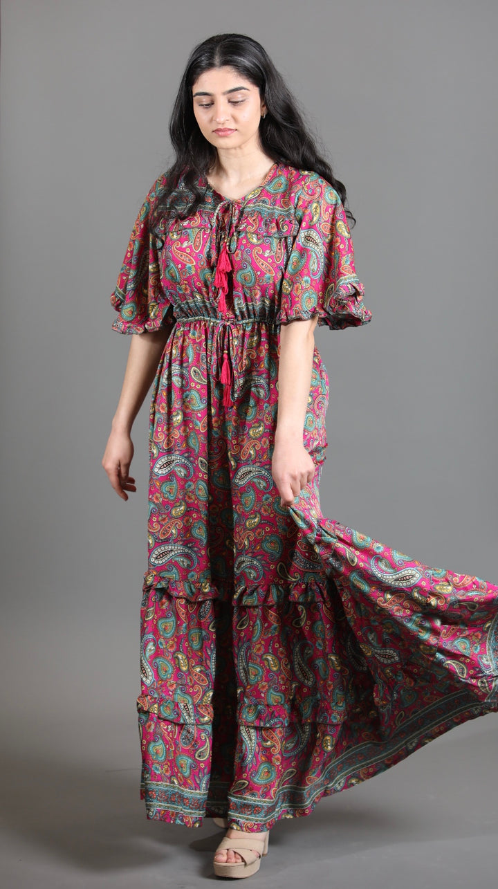Silk Saree Maxi  Dress With Flutter Sleeves