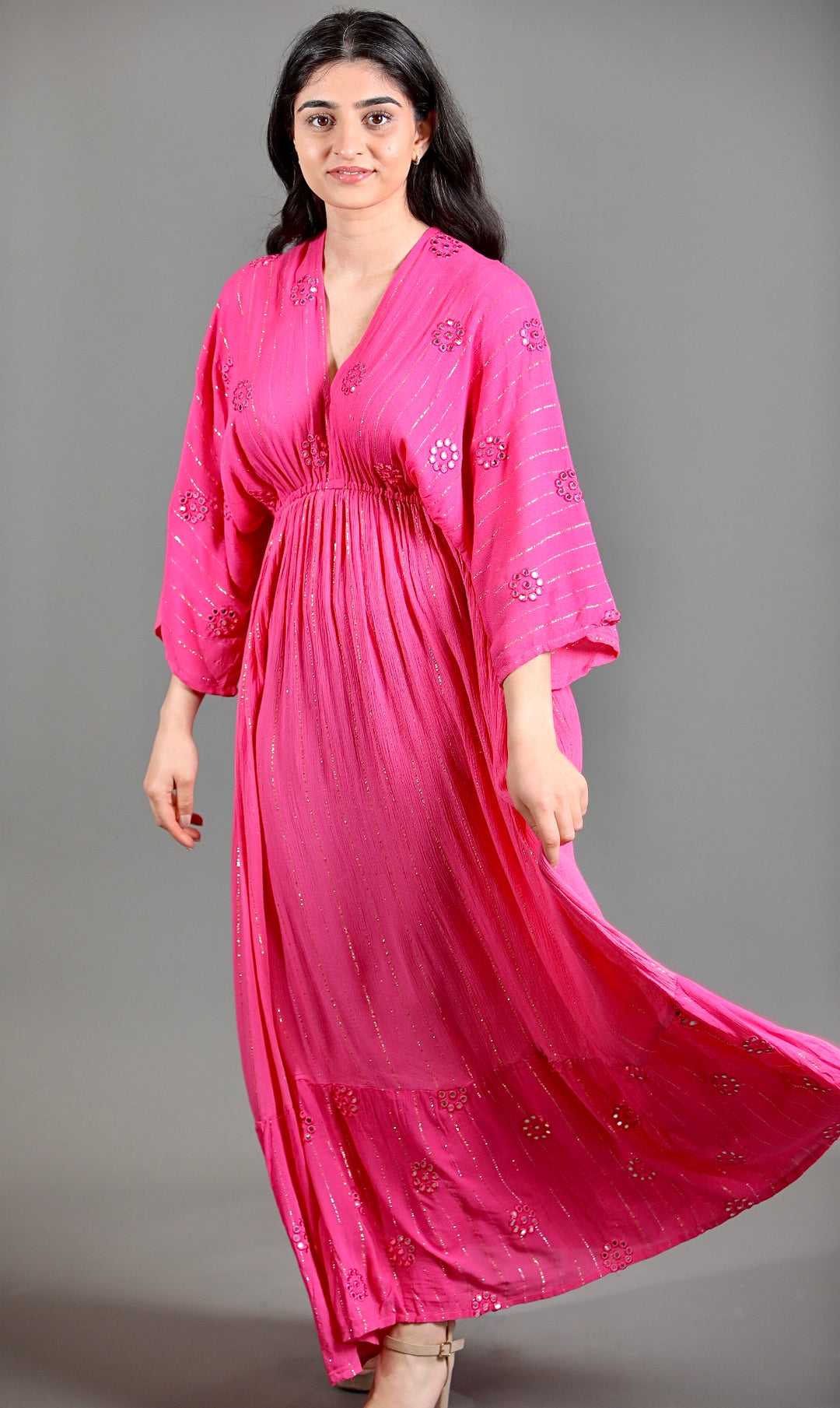 Fuchsia Pink Boho Maxi Dress with Glass Mirror Embroidery Vz Collection Fuchsia Pink Boho Maxi Dress with Glass Mirror Embroidery Vz Collection