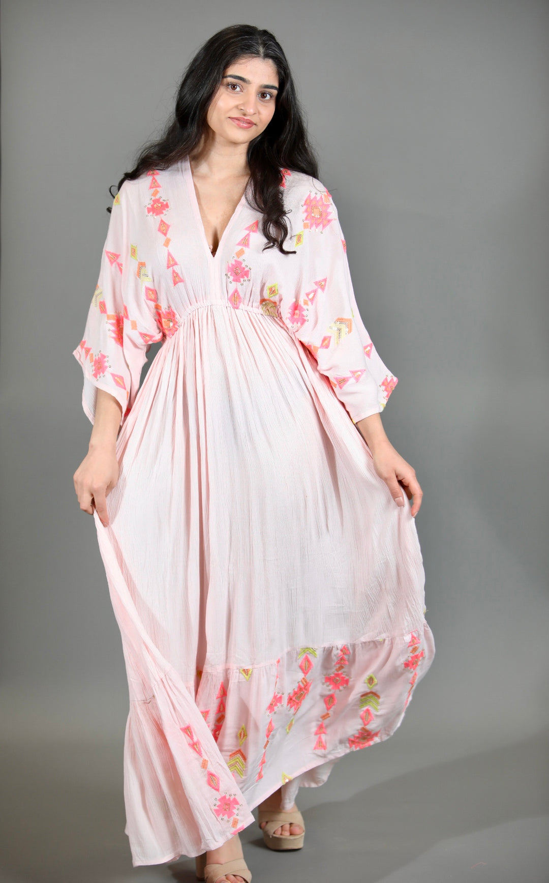 Ivory Cotton Maxi Dress with Neon Embroidered Accents Vz Collection Ivory Cotton Maxi Dress with Neon Embroidered Accents Vz Collection