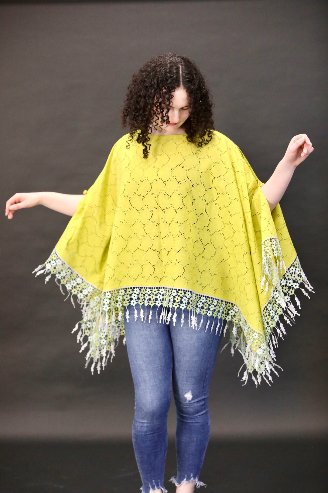 Broidery Glaze Cotton Poncho Top with Lace Edging - Vz Collection