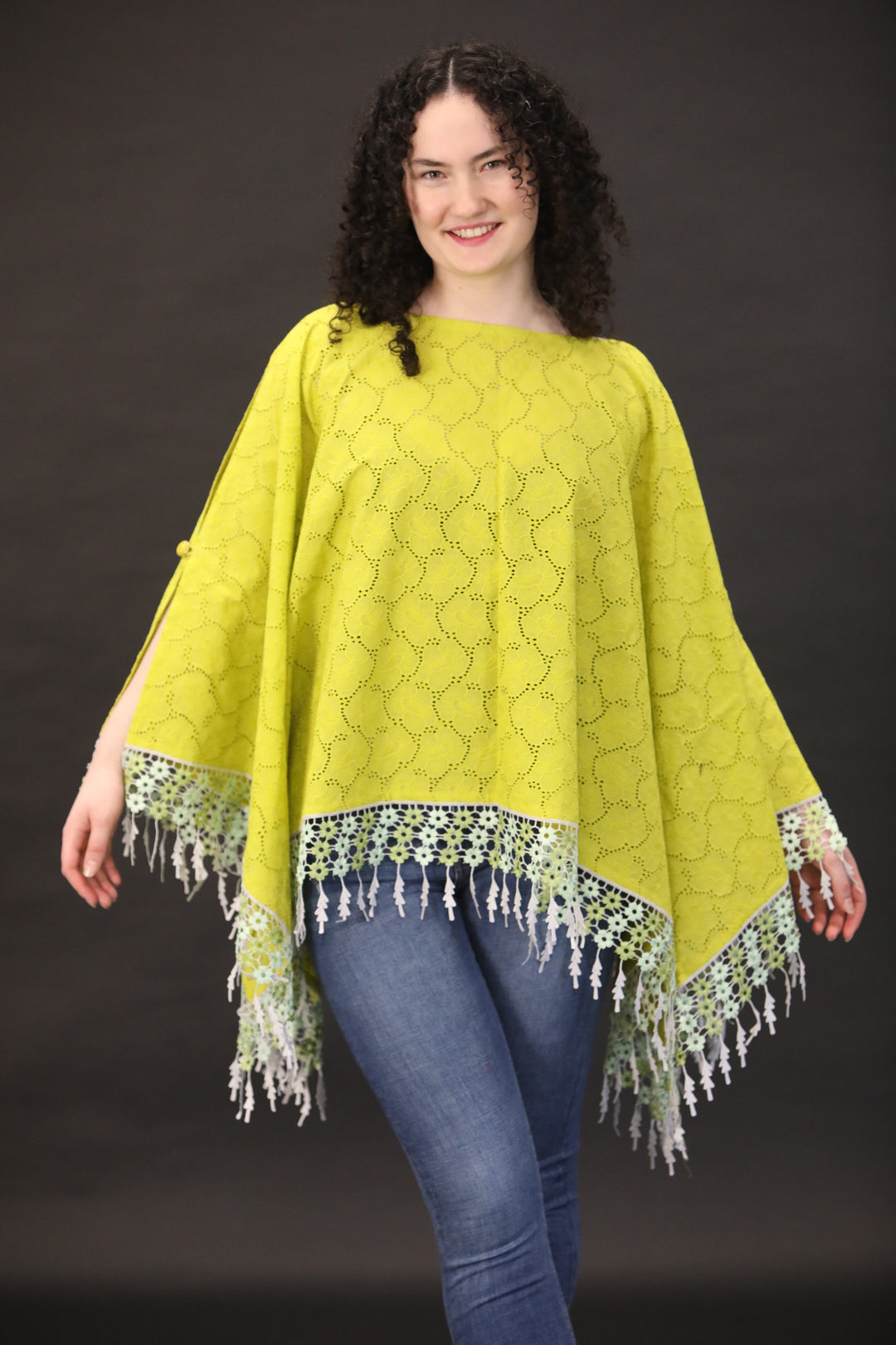 Broidery Glaze Cotton Poncho Top with Lace Edging - Vz Collection