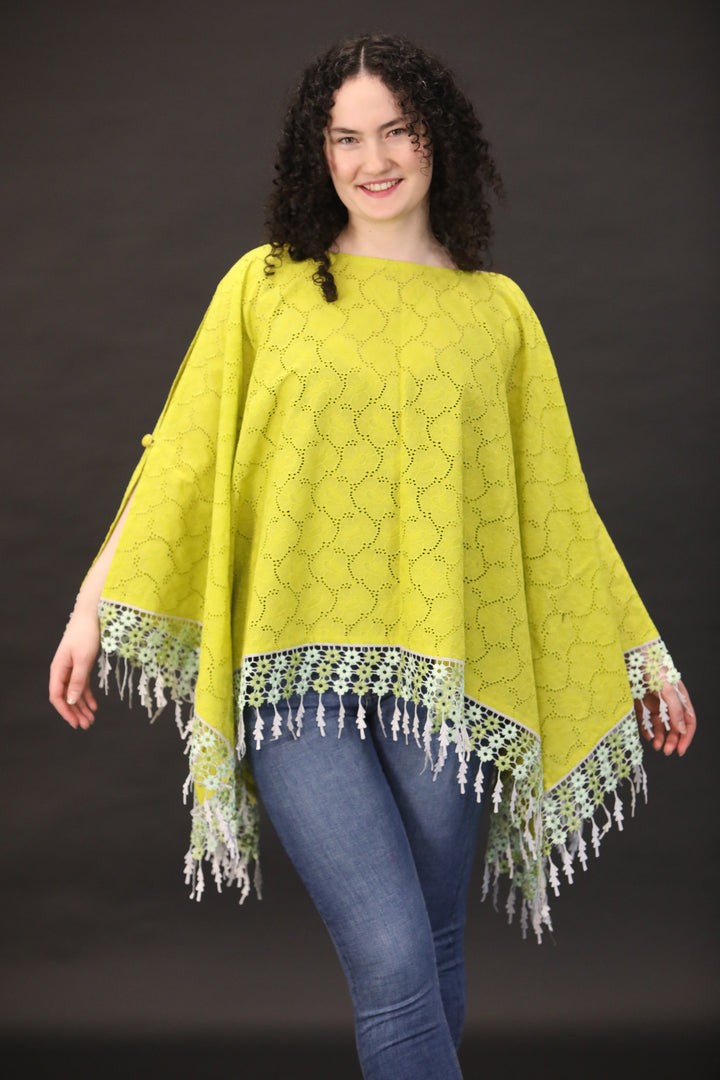 Broidery Glaze Cotton Poncho Top with Lace Edging - Vz Collection