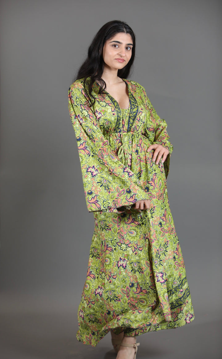 Upcycled Indian Silk Saree Maxi Dress with Bell Sleeves
