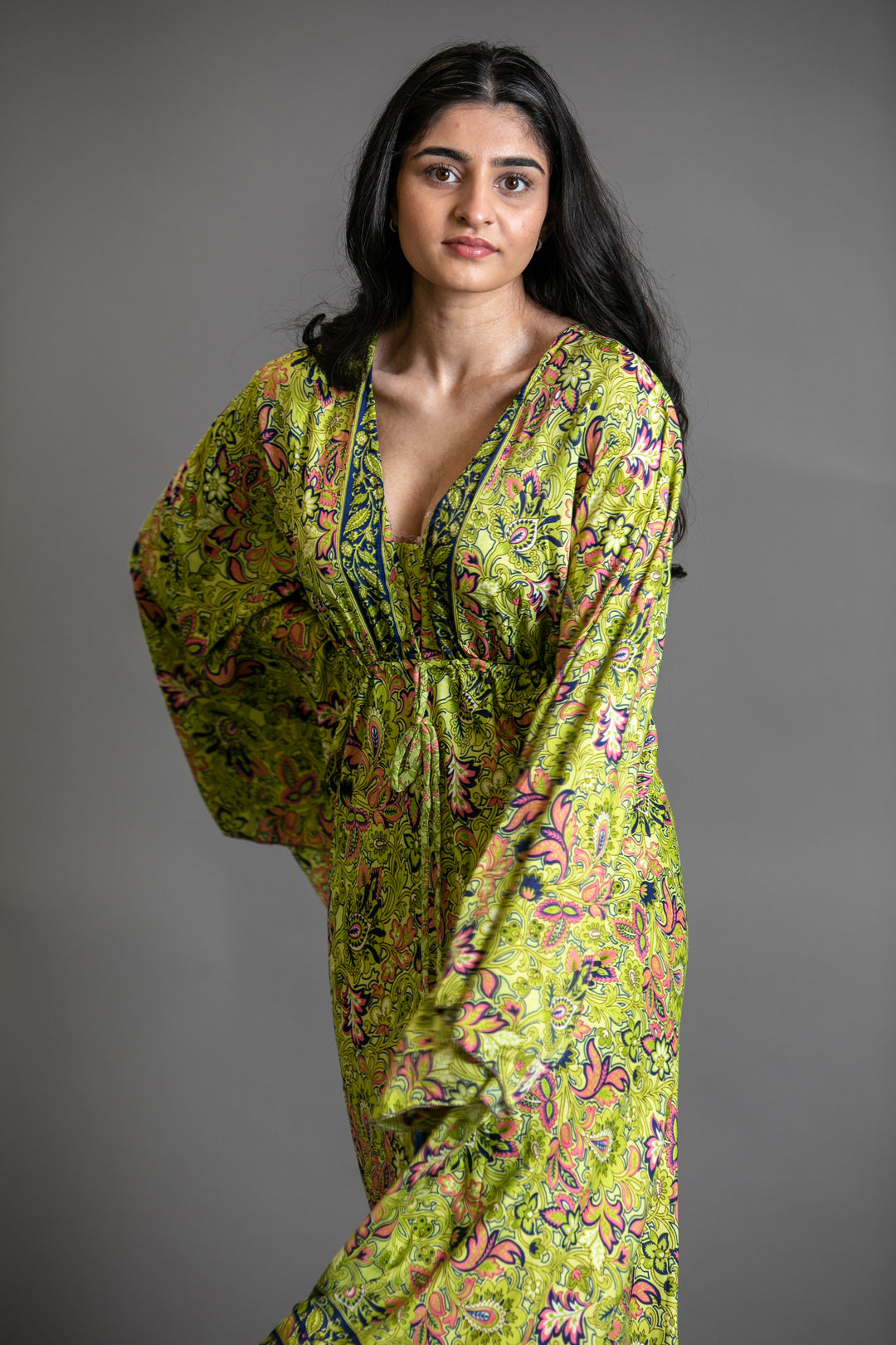 Upcycled Indian Silk Saree Maxi Dress with Bell Sleeves