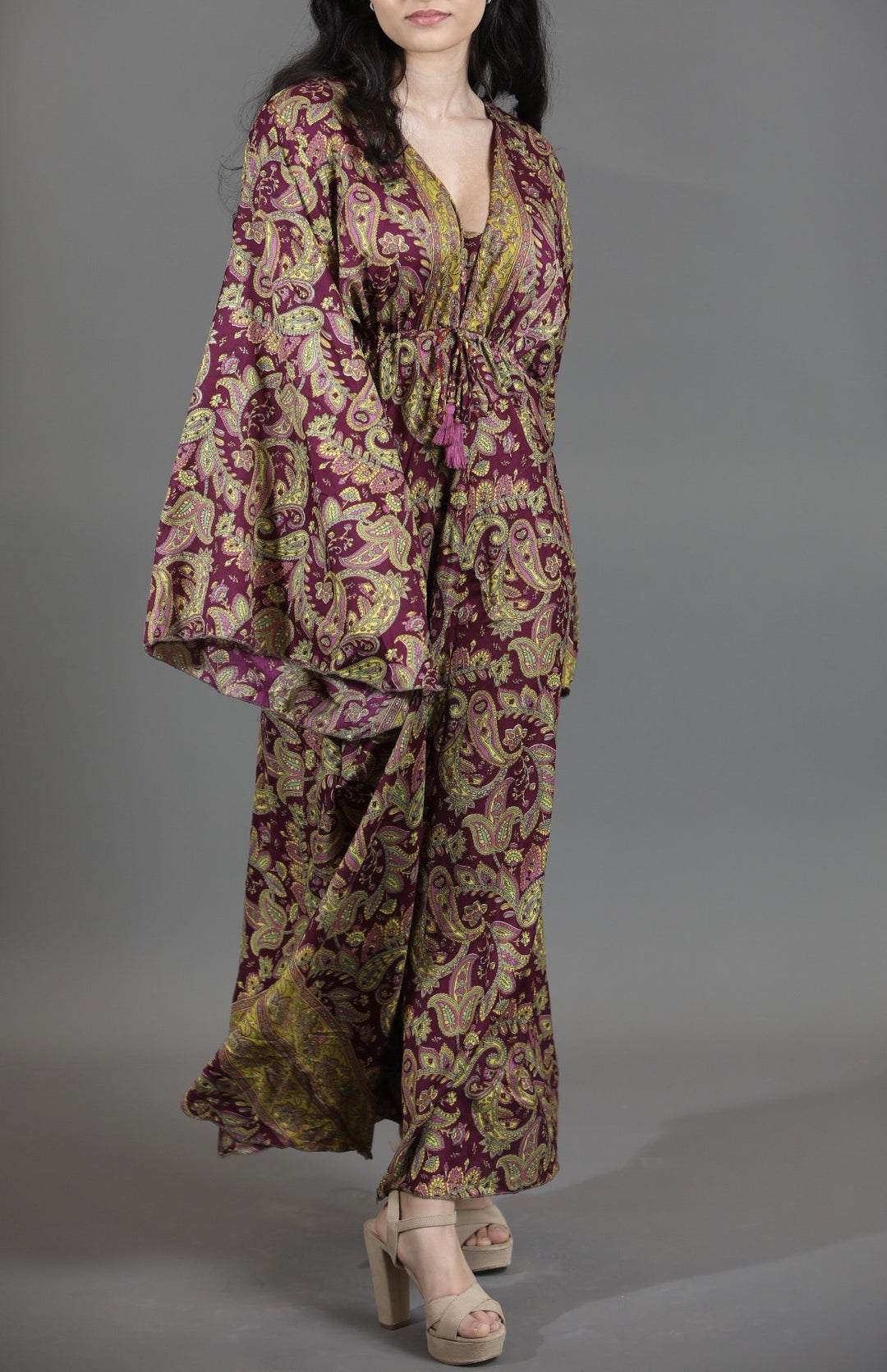 Upcycled Indian Silk Saree Maxi Dress with Bell Sleeves